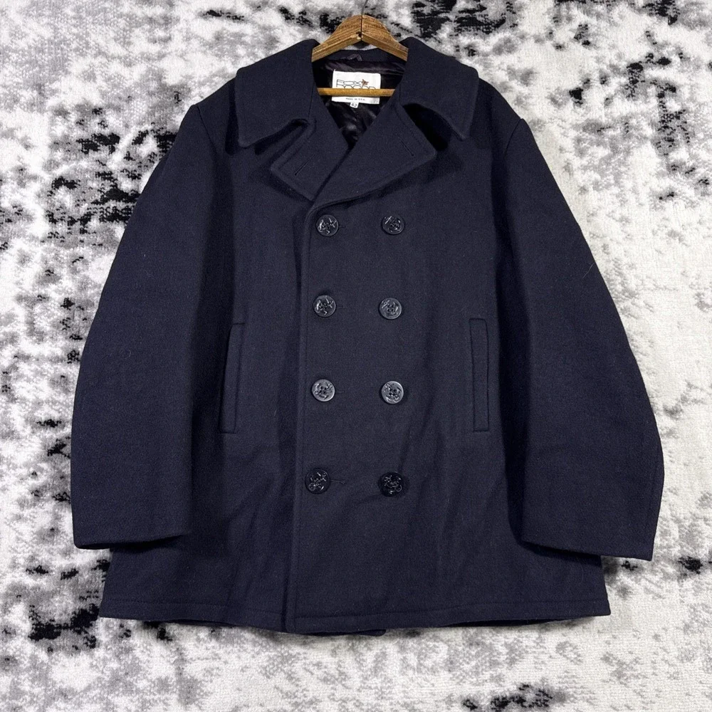 Fox Knapp Pea Coat Mens Size 42‎ Black Naval Buttons Officer City Wool Old Money